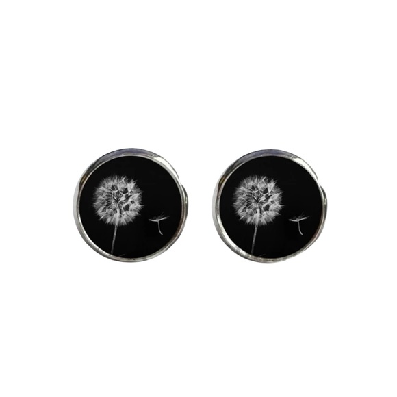 Dandelion Glass Dome Stud Earrings – Black & White Botanical Art – 0.5" Round - Picture 1 of 1